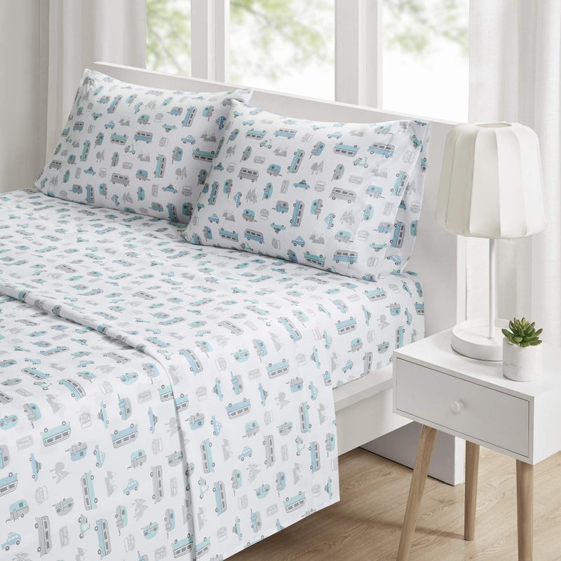 Intelligent Design Microfiber Cozy Bed Sheet Set, Modern All Season Bedding & Pillowcases, Premium 14" Elastic Pocket Fits up to 16" Mattress, Queen Grey/Blue Road Trip 4 Piece - Image 1